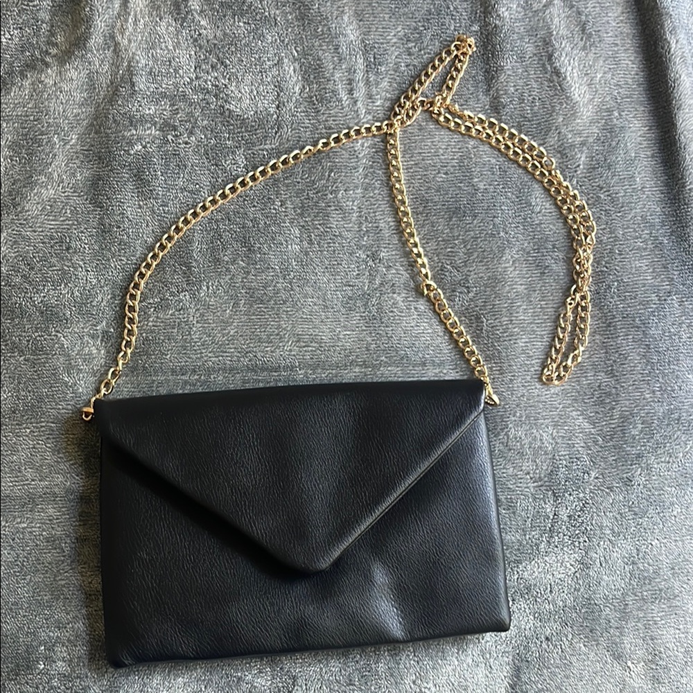 Elegant Black Leather Clutch with Gold Chain
